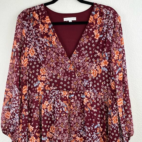 Sandra Darren Burgundy Floral Balloon Sleeve V-Neck Babydoll Mini Dress 12 NWT - Picture 5 of 15